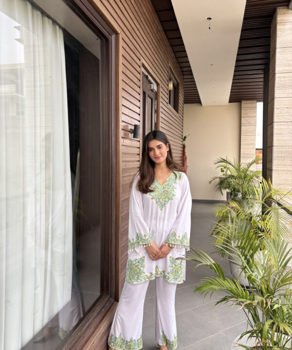 White Aari Embroidered Co-ord Set With Flared Pants