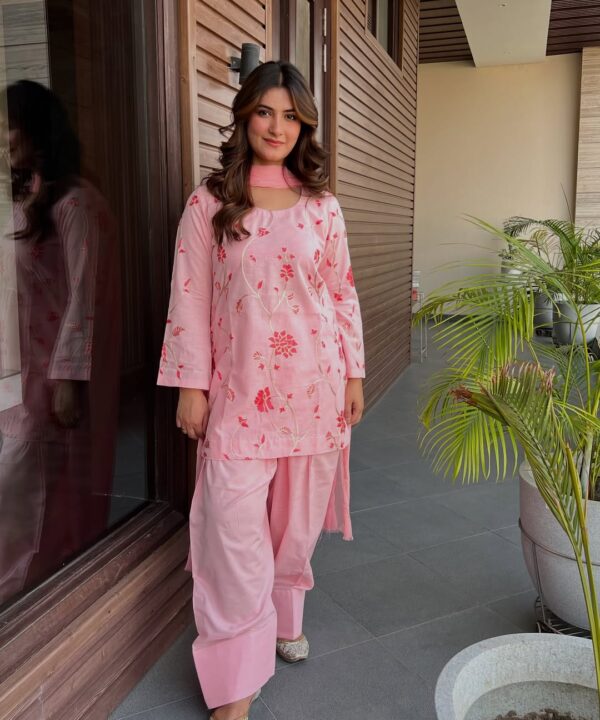 Pink Linen Farshi Salwar Suit Set with Dupatta