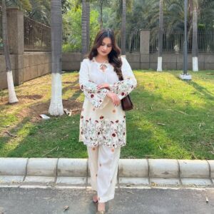 Introducing our mulmul cotton co-ord set perfect for summers. It features intricate embroidery a (1)