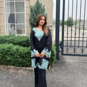 Black Aari Embroidered Co-ord Set With Flared Pants