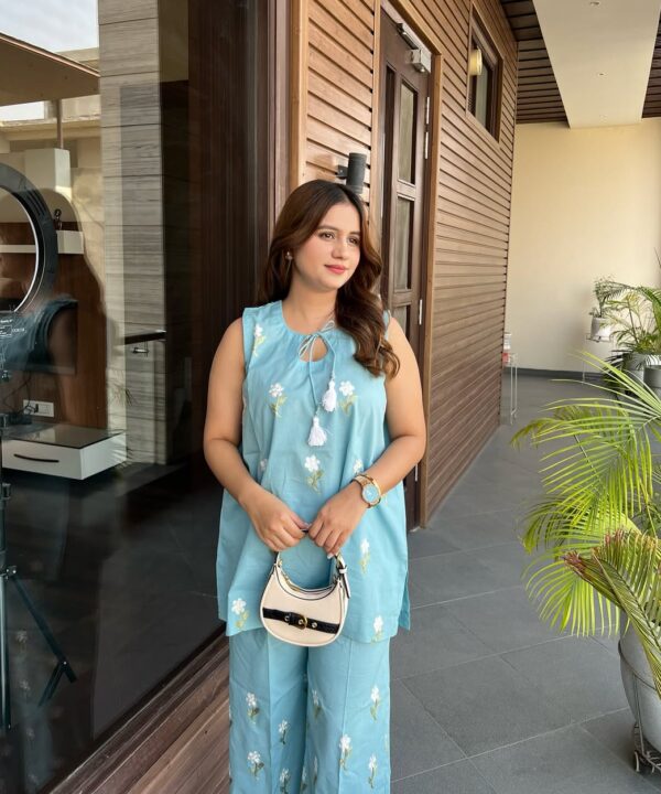 Blue Floral Motifs Embroidered Co-ord Set