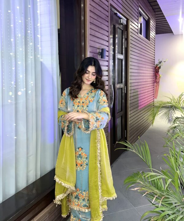 Aqua Blue Tissue Aari Embroidered Suit Set With Dupatta